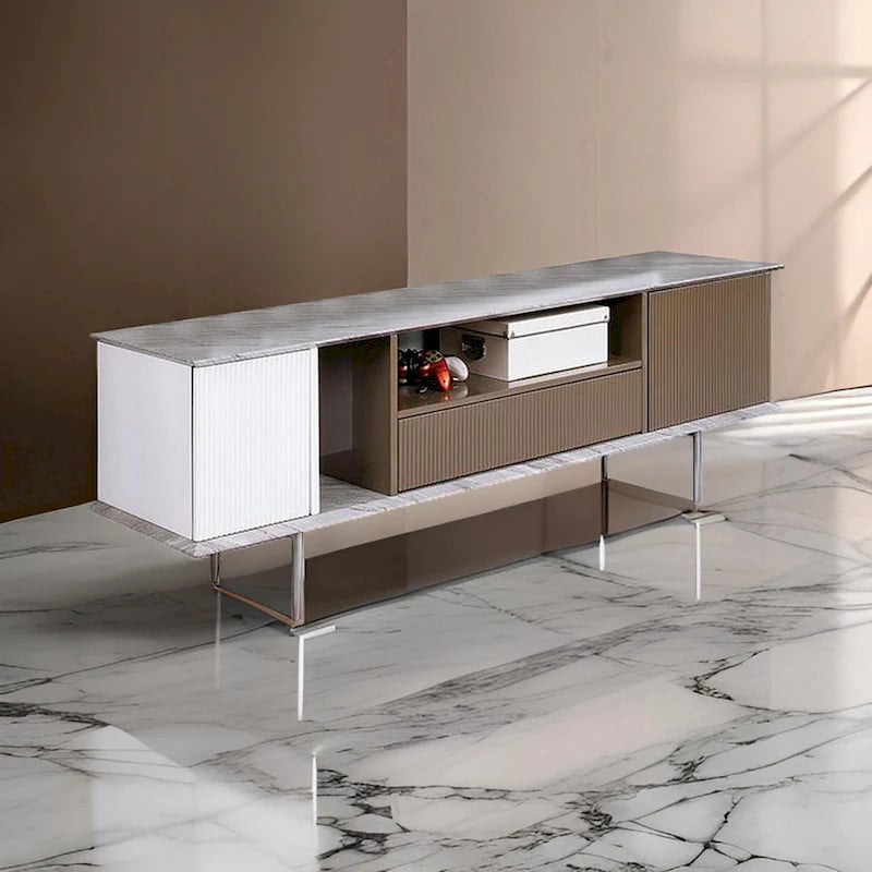 70 Inch TV Entertainment Console, 1 Drawer, Shelves, White, Brown, Gray