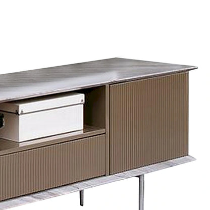 Meuble TV 70 pouces, 1 tiroir, étagères, blanc, marron, gris