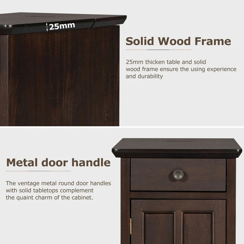 Table d'appoint étroite multifonctionnelle de style classique vintage avec ports USB et 1 tiroir avec porte-gobelets, table de chevet pour canapé