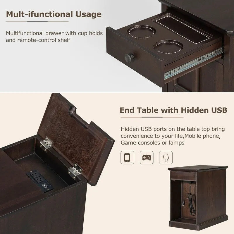 Table d'appoint étroite multifonctionnelle de style classique vintage avec ports USB et 1 tiroir avec porte-gobelets, table de chevet pour canapé