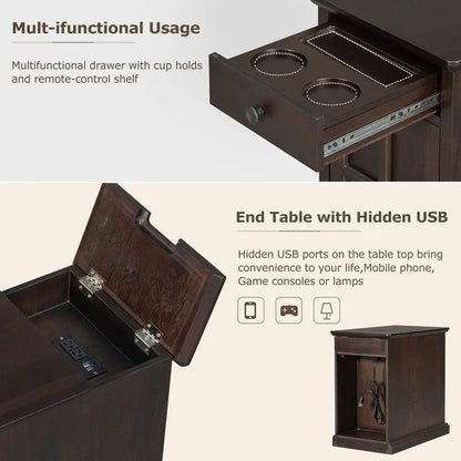 Table d'appoint étroite multifonctionnelle de style classique vintage avec ports USB et 1 tiroir avec porte-gobelets, table de chevet pour canapé