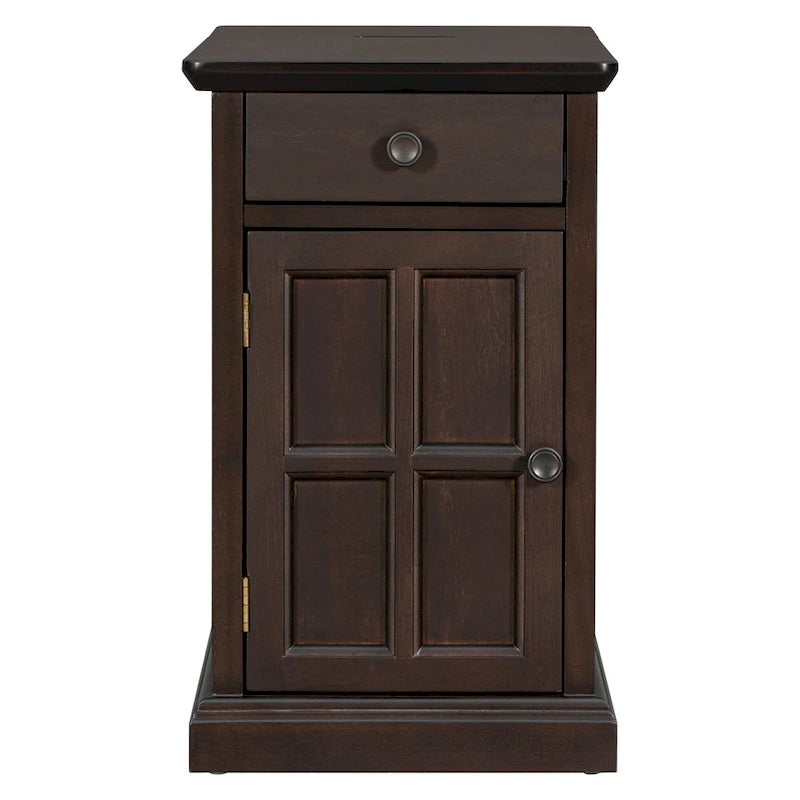 Table d'appoint étroite multifonctionnelle de style classique vintage avec ports USB et 1 tiroir avec porte-gobelets, table de chevet pour canapé