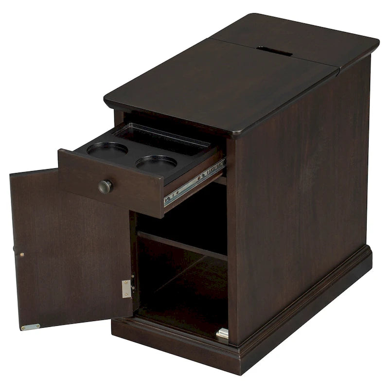Table d'appoint étroite multifonctionnelle de style classique vintage avec ports USB et 1 tiroir avec porte-gobelets, table de chevet pour canapé