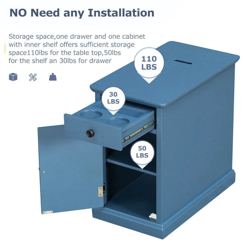 Table d'appoint étroite multifonctionnelle de style classique vintage avec ports USB et 1 tiroir avec porte-gobelets, table de chevet pour canapé