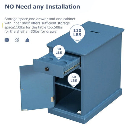 Table d'appoint étroite multifonctionnelle de style classique vintage avec ports USB et 1 tiroir avec porte-gobelets, table de chevet pour canapé