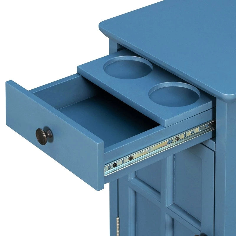 Table d'appoint étroite multifonctionnelle de style classique vintage avec ports USB et 1 tiroir avec porte-gobelets, table de chevet pour canapé