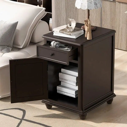 Table d'appoint étroite multifonctionnelle de style classique vintage avec ports USB et 1 tiroir avec porte-gobelets, table de chevet pour canapé