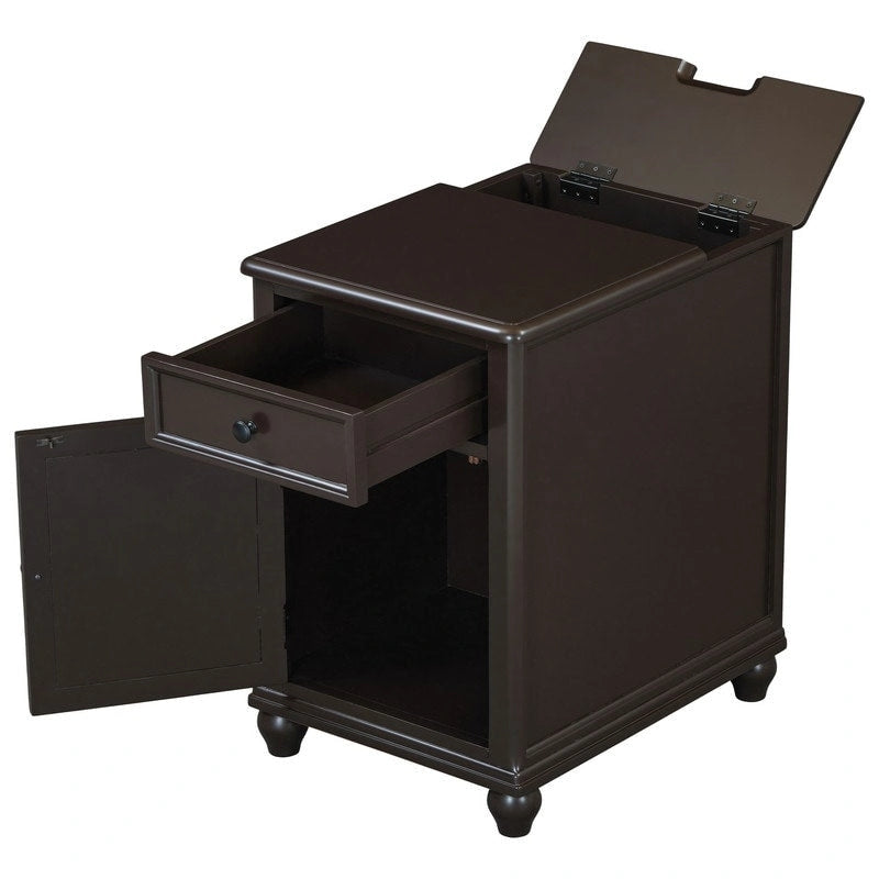 Table d'appoint étroite multifonctionnelle de style classique vintage avec ports USB et 1 tiroir avec porte-gobelets, table de chevet pour canapé