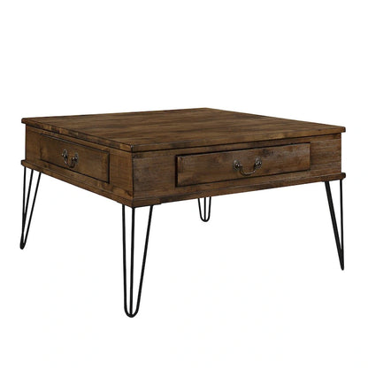 Itti 32 Inch Square Cocktail Coffee Table, 2 Drawers, Brown Wood, Black