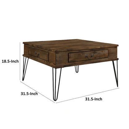 Table basse carrée Itti 81 cm, 2 tiroirs, bois brun, noir