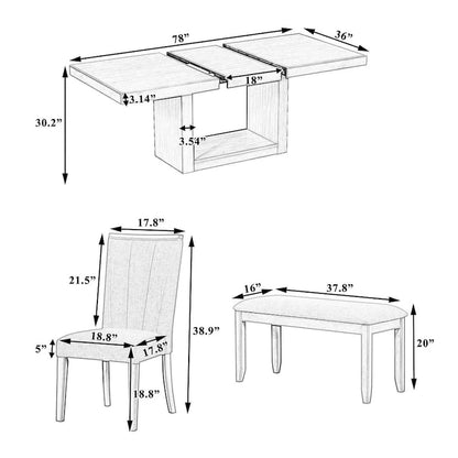Ensemble de salle à manger contemporain extensible en bois 6 pièces avec banc rembourré et 4 chaises