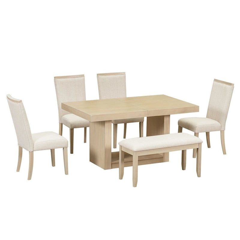 Ensemble de salle à manger contemporain extensible en bois 6 pièces avec banc rembourré et 4 chaises