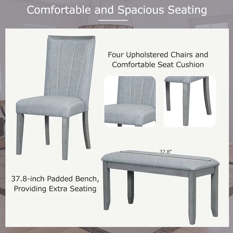 Ensemble de salle à manger contemporain extensible en bois 6 pièces avec banc rembourré et 4 chaises