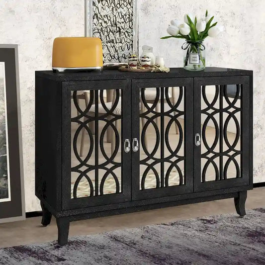 Modern Elegant Wooden Sideboard with Three Mirrored Cabinets Doors