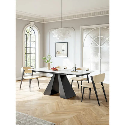 Table de salle à manger rectangulaire extensible contemporaine en pierre blanche avec piètement noir
