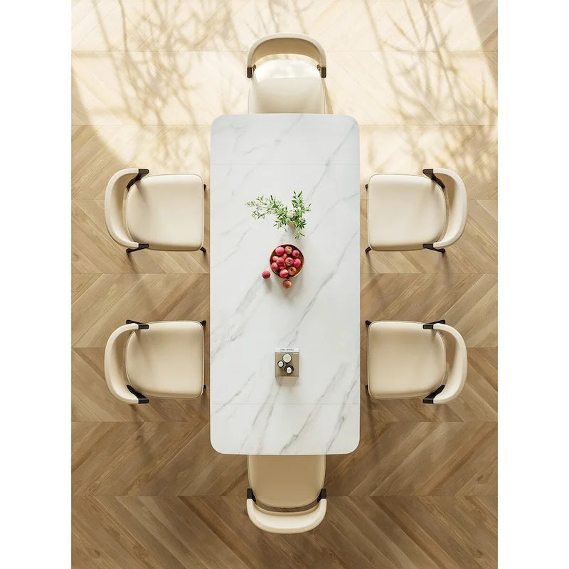 Table de salle à manger rectangulaire extensible contemporaine en pierre blanche avec piètement noir