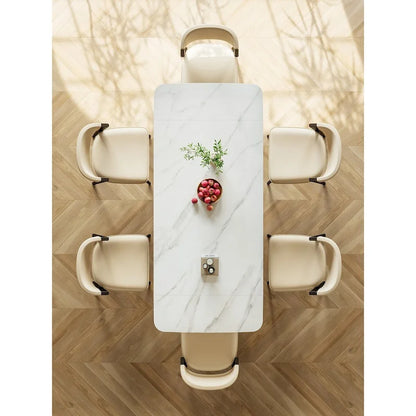 Table de salle à manger rectangulaire extensible contemporaine en pierre blanche avec piètement noir