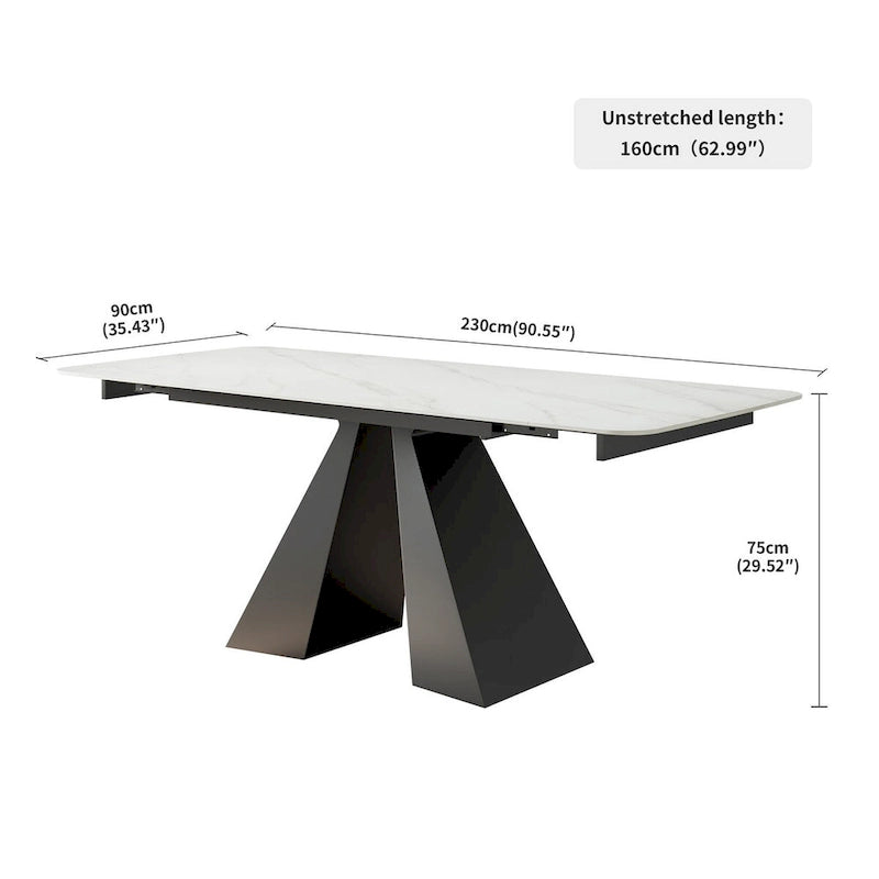 Table de salle à manger rectangulaire extensible contemporaine en pierre blanche avec piètement noir