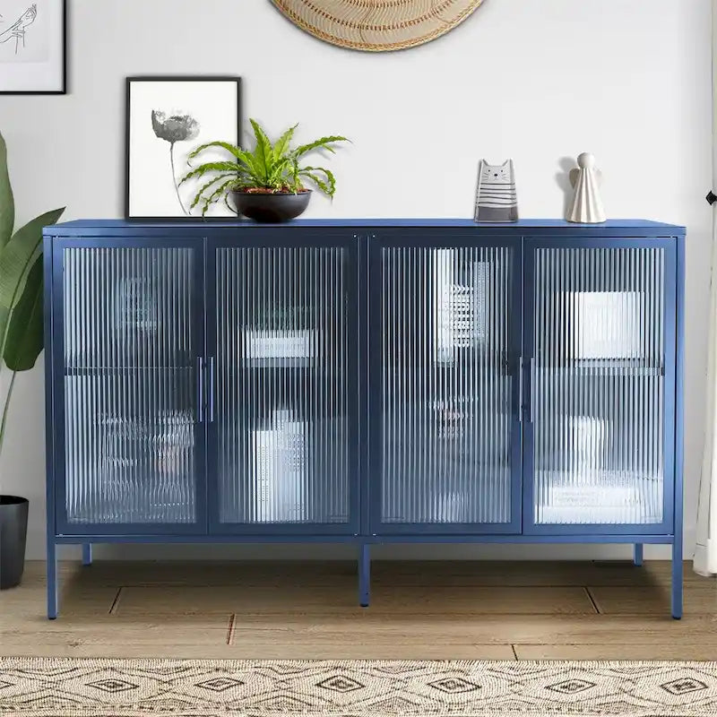 Armoire élégante à 4 portes en verre trempé, étagère réglable