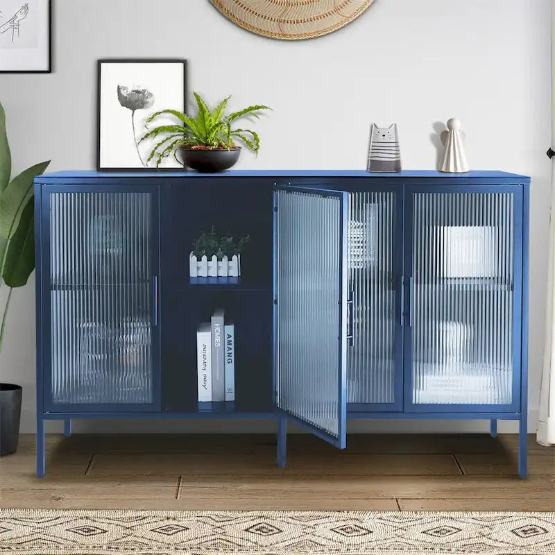 Armoire élégante à 4 portes en verre trempé, étagère réglable