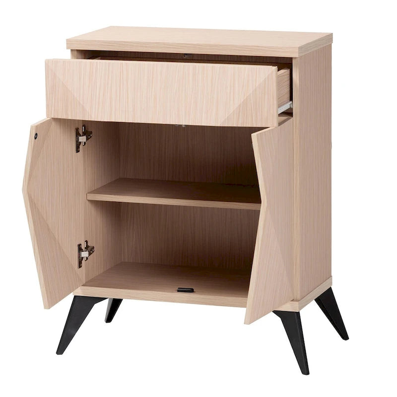 Buffet Draper à deux portes, style moderne du milieu du siècle, bicolore bois brun clair et noir.