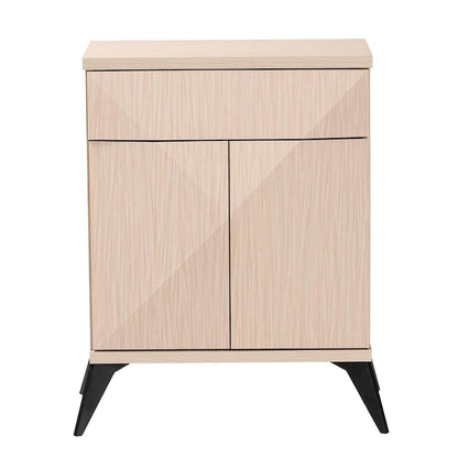 Buffet Draper à deux portes, style moderne du milieu du siècle, bicolore bois brun clair et noir.