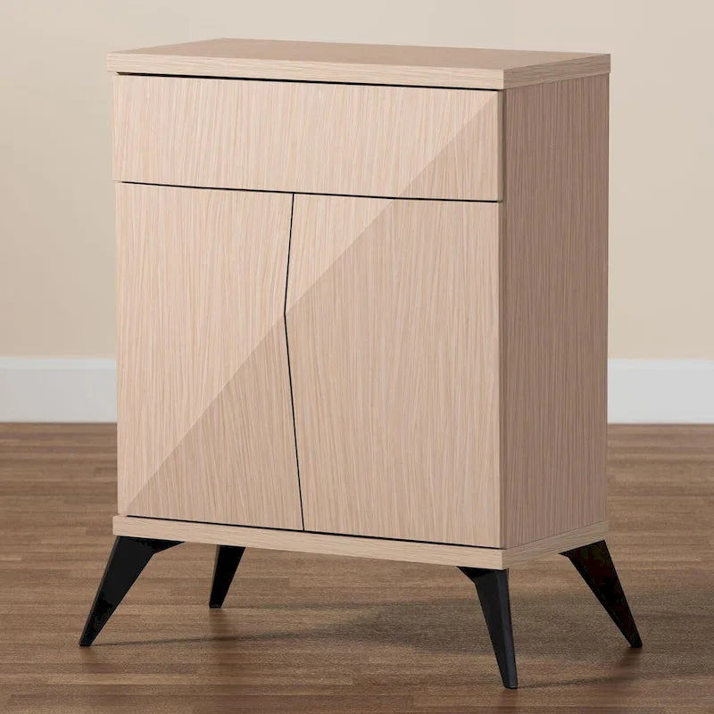 Buffet Draper à deux portes, style moderne du milieu du siècle, bicolore bois brun clair et noir.