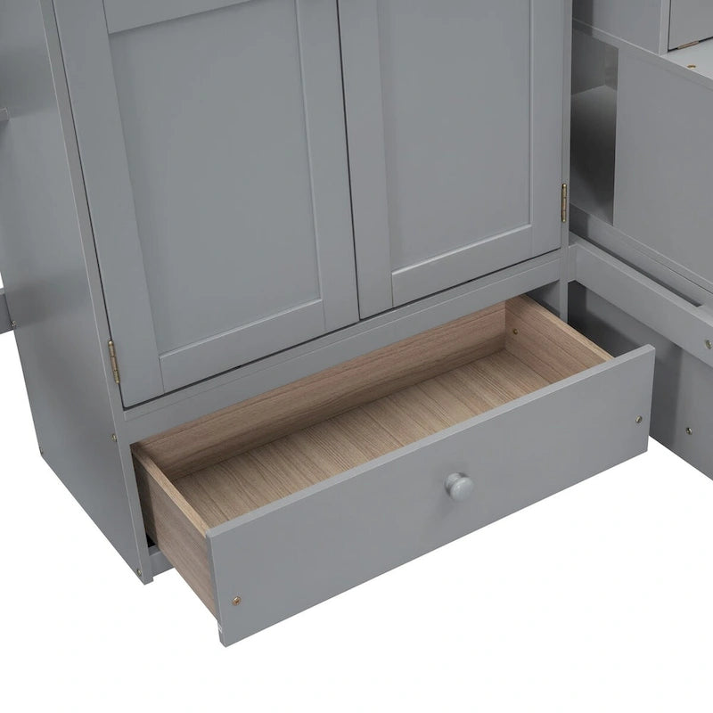 Lit mezzanine complet avec escalier, cadre de lit mezzanine, armoire, bureau, bibliothèque et tiroirs