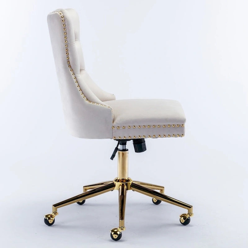 Chaise de bureau pivotante à roulettes, hauteur réglable, revêtement en velours capitonné.