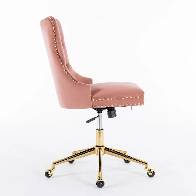 Chaise de bureau pivotante à roulettes, hauteur réglable, revêtement en velours capitonné.