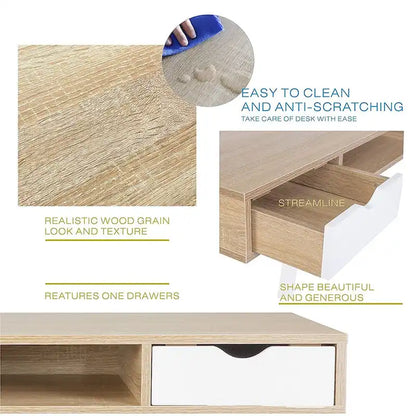 Bureau d'écriture JJS style moderne du milieu du siècle, avec tiroirs et rangements.