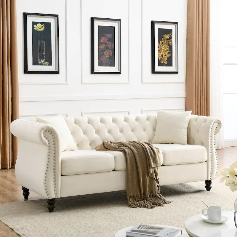 Beige Velvet Chesterfield 3 Seater Sofa, Rolled Arms, Nailhead Trim