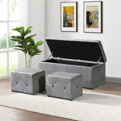 Rectangular Storage Ottoman Short velvet with 2 Set Ottomans