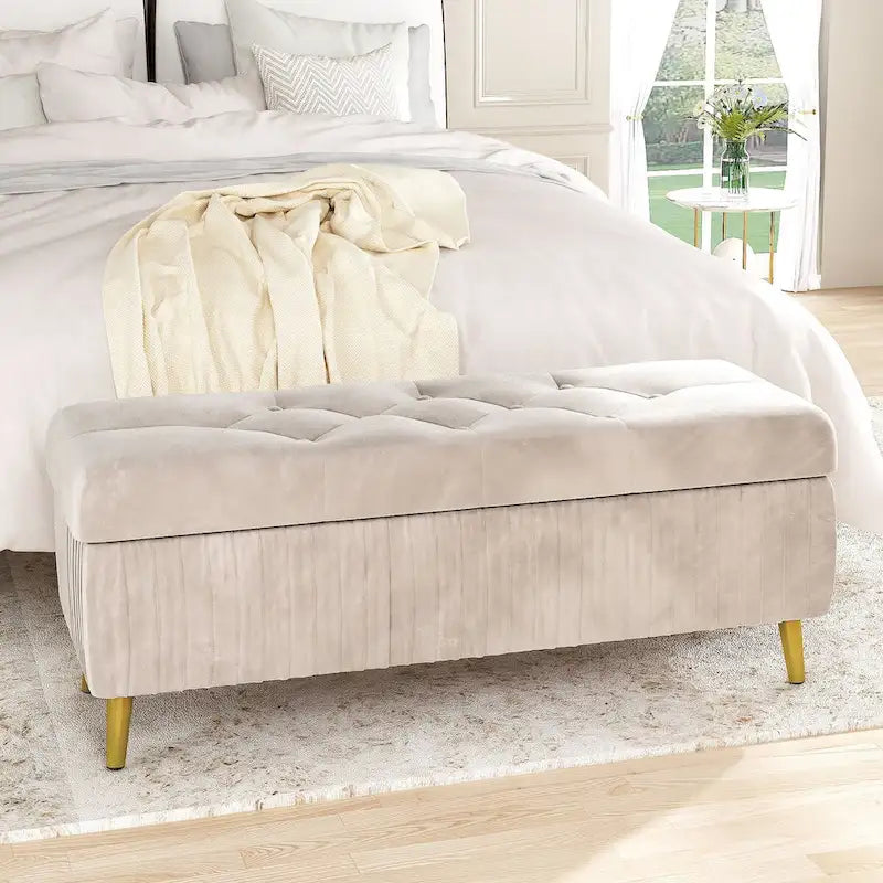Banc coffre ottoman capitonné moderne, recouvert de velours avec boutons, idéal pour la chambre, le salon ou l'entrée.