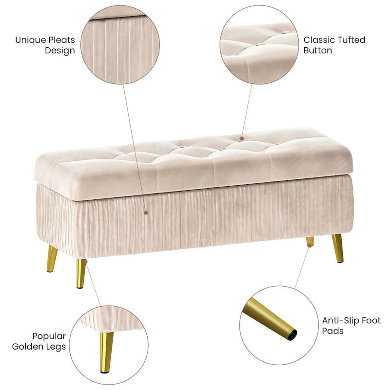 Banc coffre ottoman capitonné moderne, recouvert de velours avec boutons, idéal pour la chambre, le salon ou l'entrée.