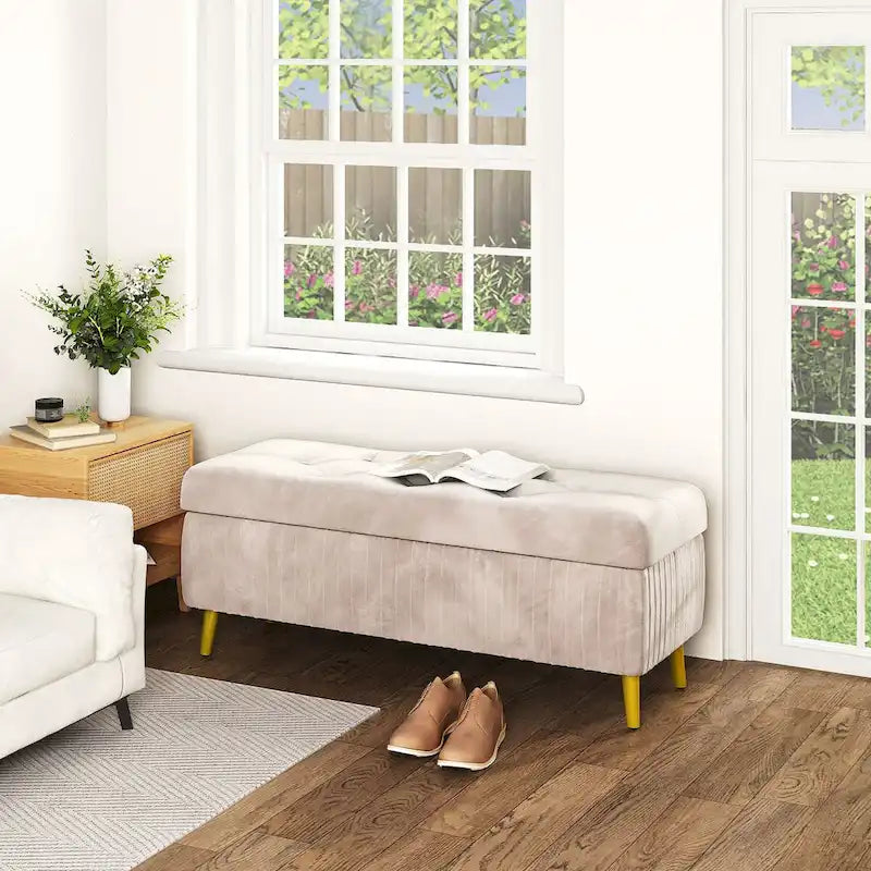 Banc coffre ottoman capitonné moderne, recouvert de velours avec boutons, idéal pour la chambre, le salon ou l'entrée.