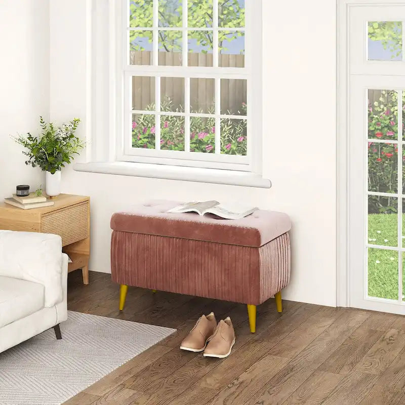 Banc coffre ottoman capitonné moderne, recouvert de velours avec boutons, idéal pour la chambre, le salon ou l'entrée.