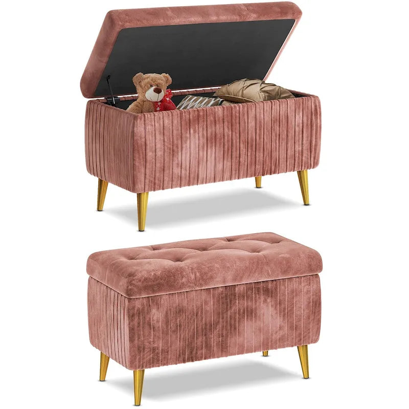 Banc coffre ottoman capitonné moderne, recouvert de velours avec boutons, idéal pour la chambre, le salon ou l'entrée.