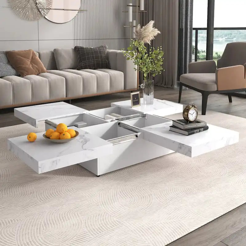 Marble Veneer Coffee Table Sliding Top with Storage