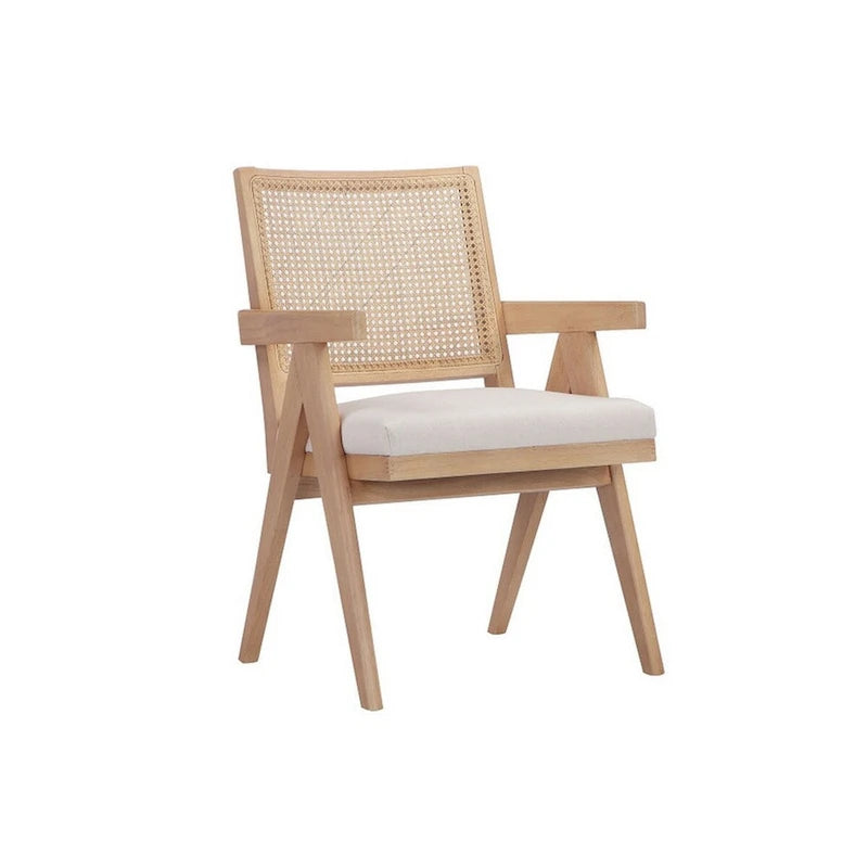 Fauteuil Isha 61 cm avec dossier en rotin, velours blanc cassé et structure en bois brun