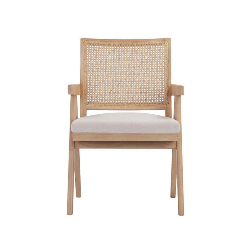 Fauteuil Isha 61 cm avec dossier en rotin, velours blanc cassé et structure en bois brun