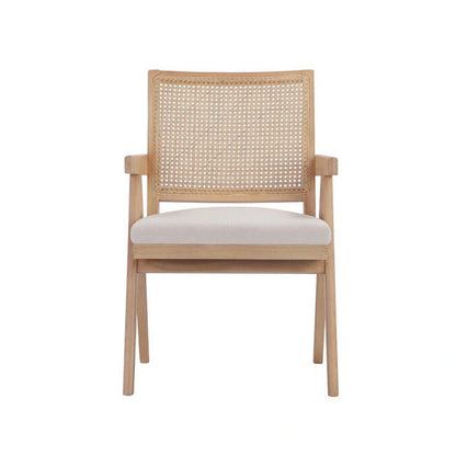 Fauteuil Isha 61 cm avec dossier en rotin, velours blanc cassé et structure en bois brun