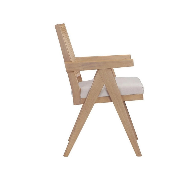 Fauteuil Isha 61 cm avec dossier en rotin, velours blanc cassé et structure en bois brun