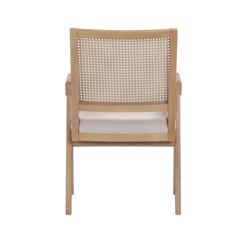Fauteuil Isha 61 cm avec dossier en rotin, velours blanc cassé et structure en bois brun