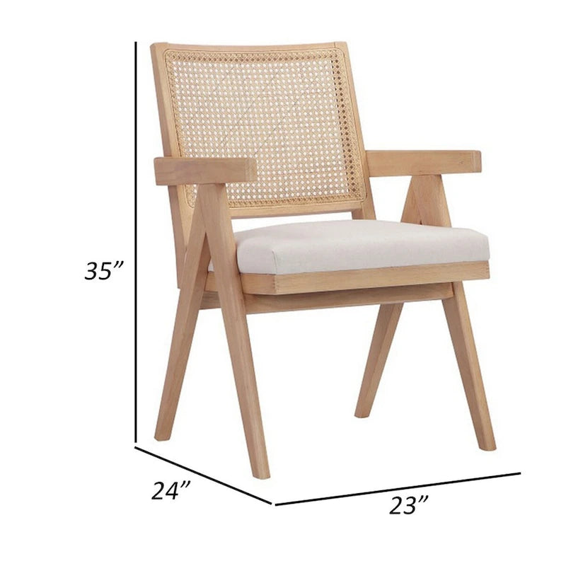 Fauteuil Isha 61 cm avec dossier en rotin, velours blanc cassé et structure en bois brun
