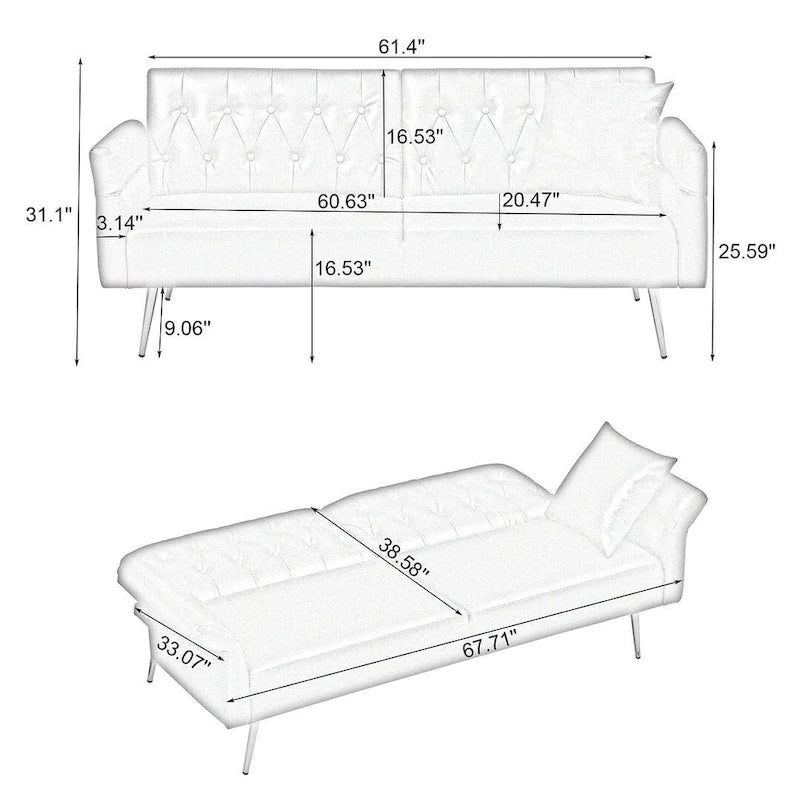 Canapé-lit futon, canapé pliable en similicuir convertible, méridienne avec accoudoirs réglables pour petits espaces