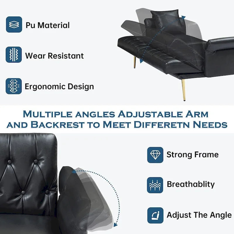 Canapé-lit futon, canapé pliable en similicuir convertible, méridienne avec accoudoirs réglables pour petits espaces