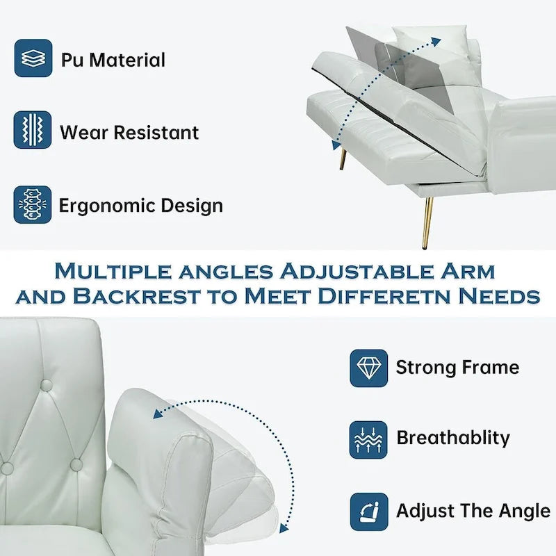 Canapé-lit futon, canapé pliable en similicuir convertible, méridienne avec accoudoirs réglables pour petits espaces