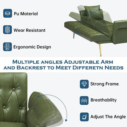 Canapé-lit futon, canapé pliable en similicuir convertible, méridienne avec accoudoirs réglables pour petits espaces