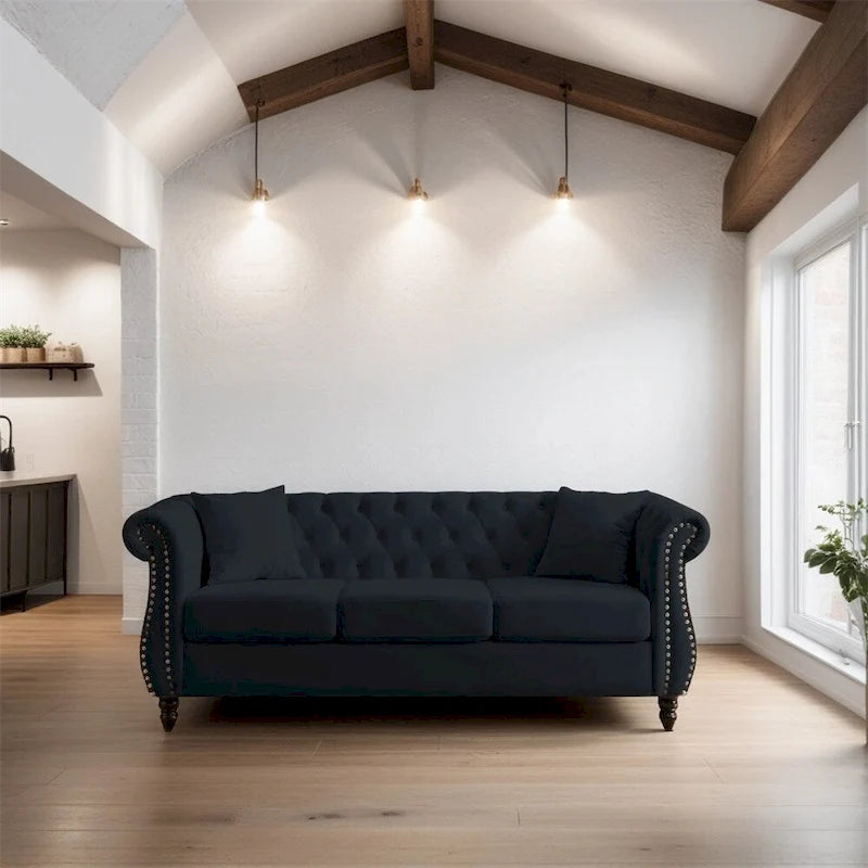 Canapé 3 places en velours 80 avec accoudoirs roulés et deux coussins